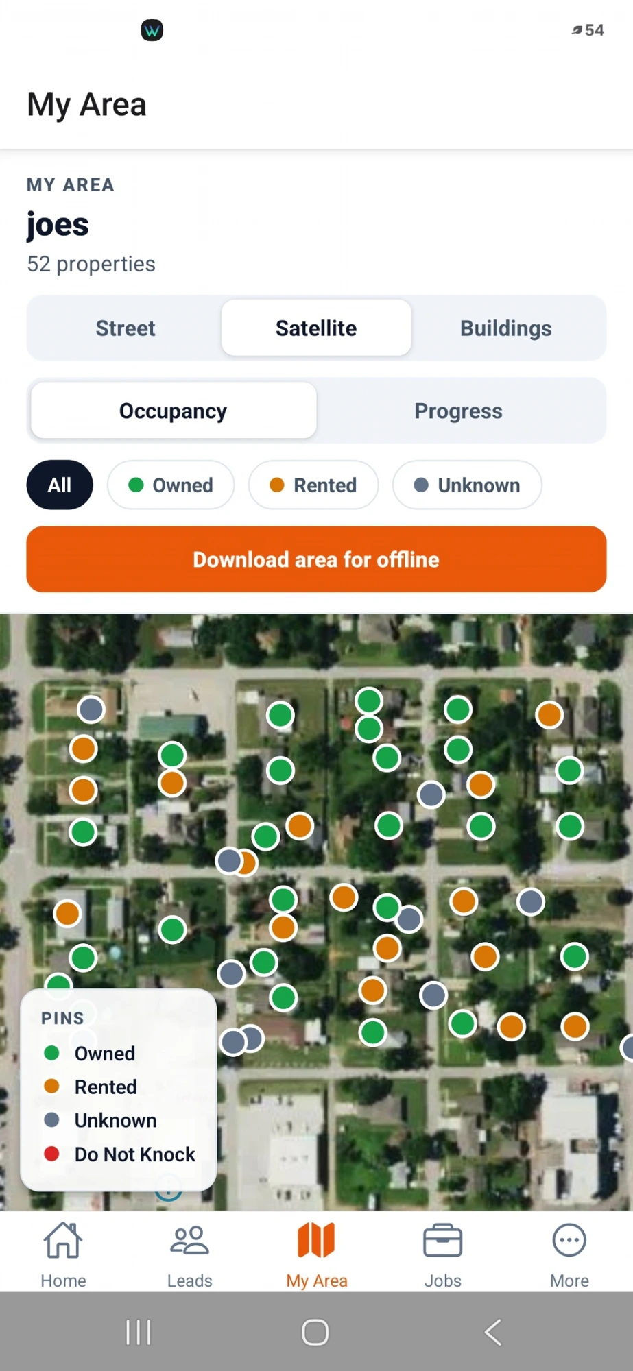 RoofSpan Mobile My Area — assigned canvass section on satellite view with property pins