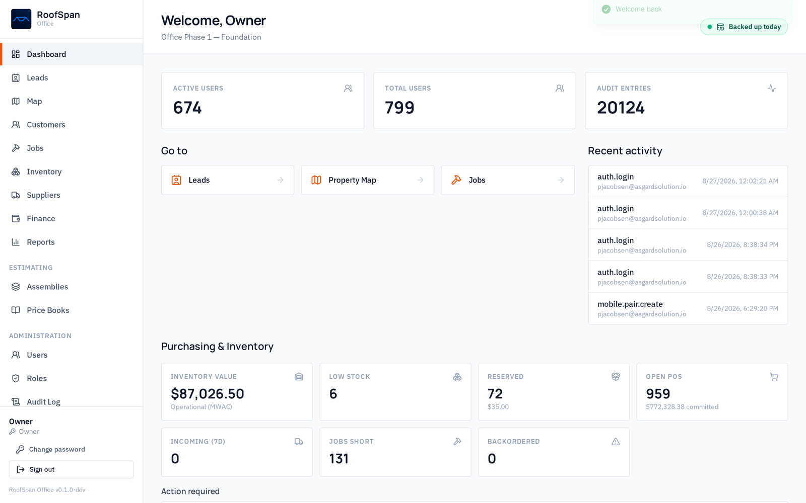 RoofSpan Office dashboard showing active users, recent field activity and inventory metrics