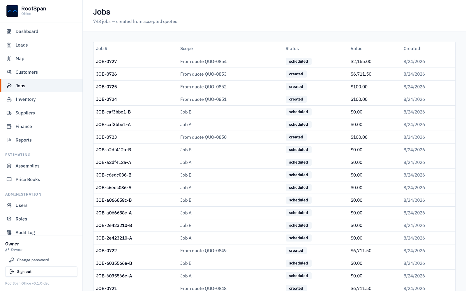 RoofSpan Office jobs list where ABC Supply purchasing is tied to each roofing job