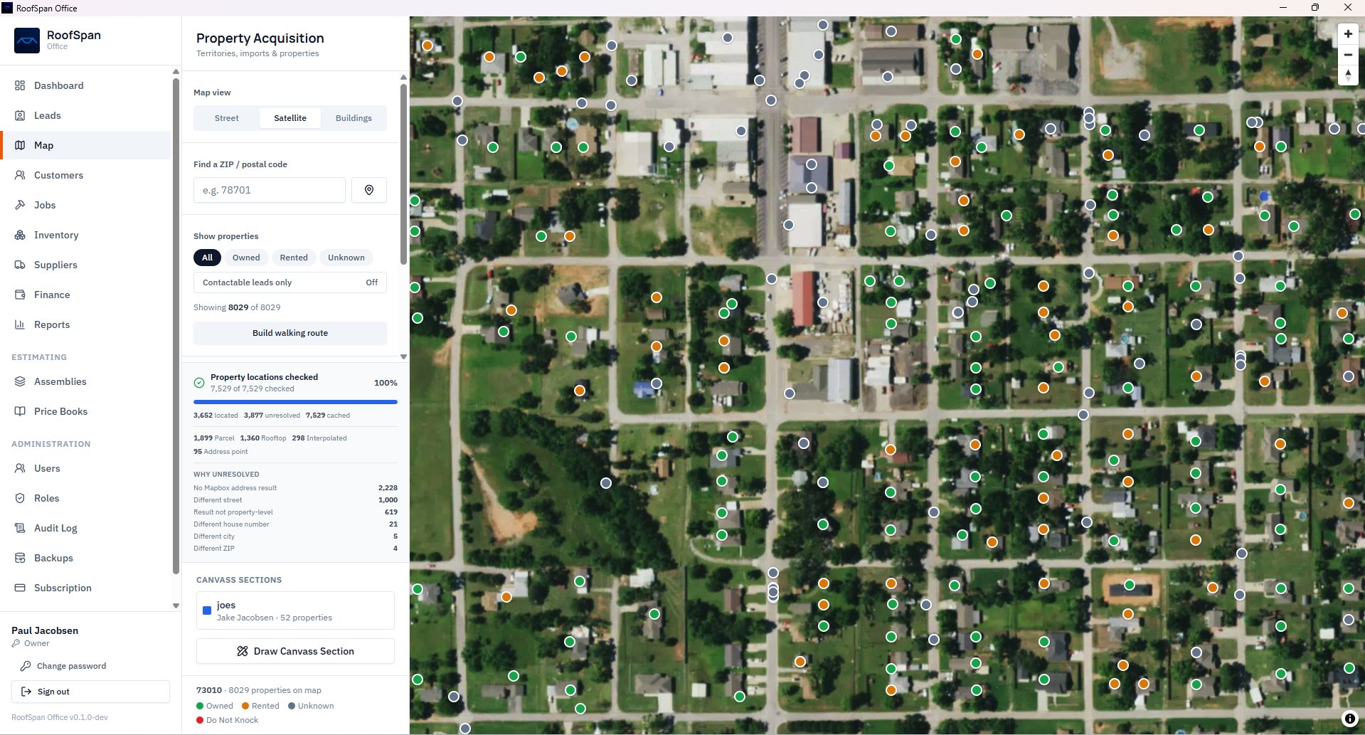 RoofSpan Office satellite view with owned, rented and unknown property pins for canvass planning