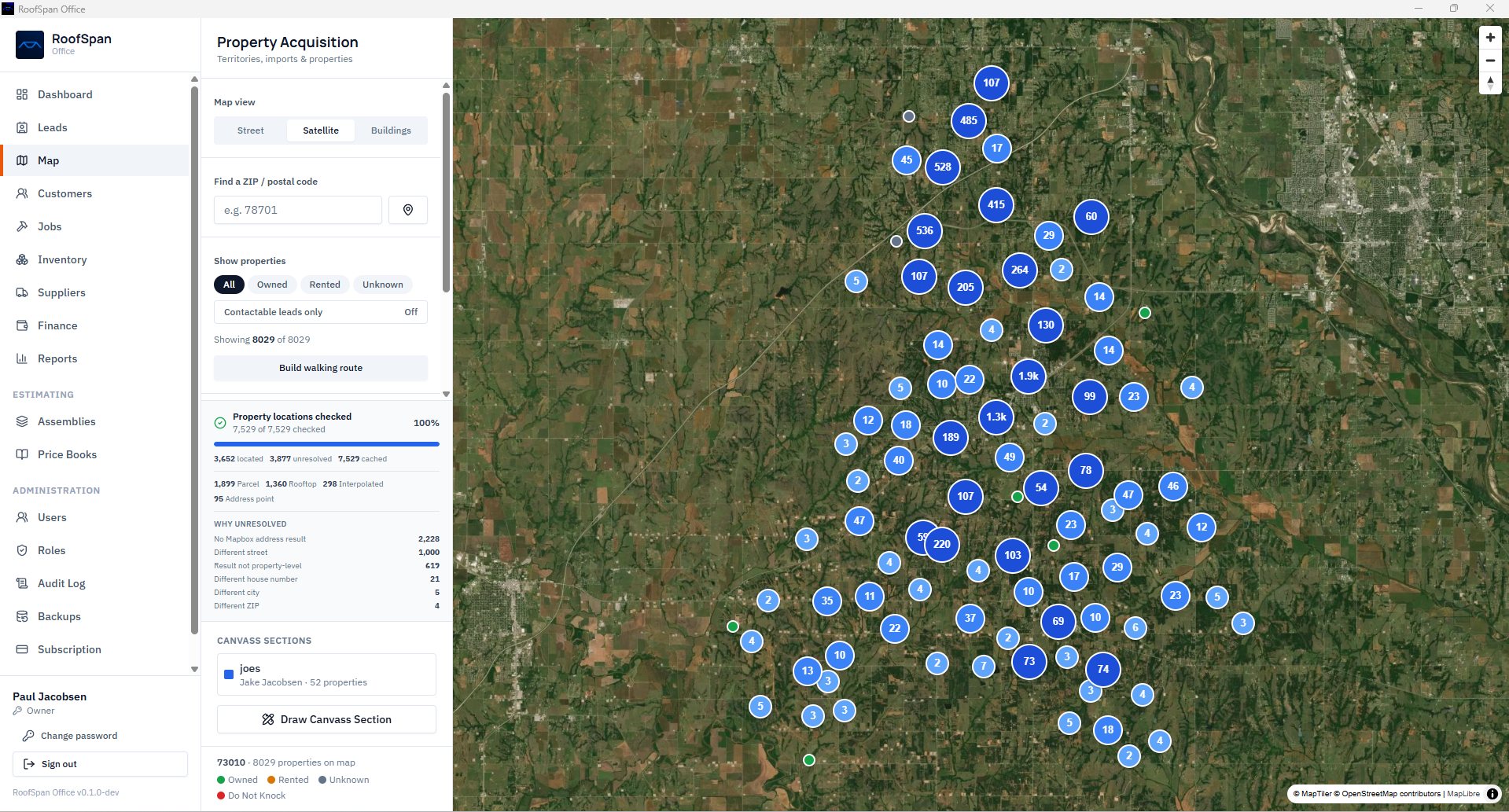 RoofSpan Office satellite territory map showing thousands of properties clustered for canvass planning